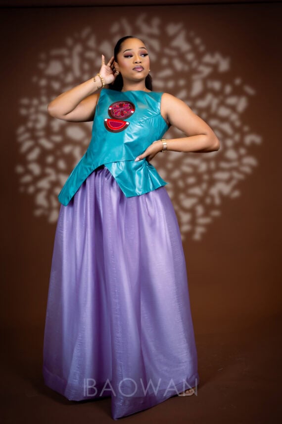 Enssemble taille basse Shogun(Top Getzner vert avec broderie et jupe Organza violet)