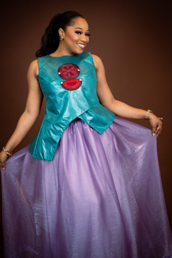 Enssemble taille basse Shogun(Top Getzner vert avec broderie et jupe Organza violet)